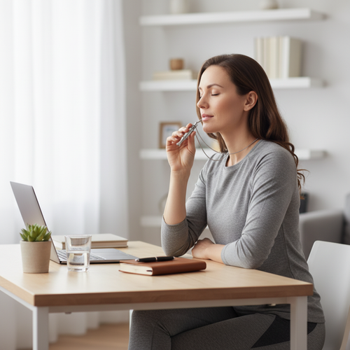 Woman wearing AuraReset™ Breathing Necklace at home office